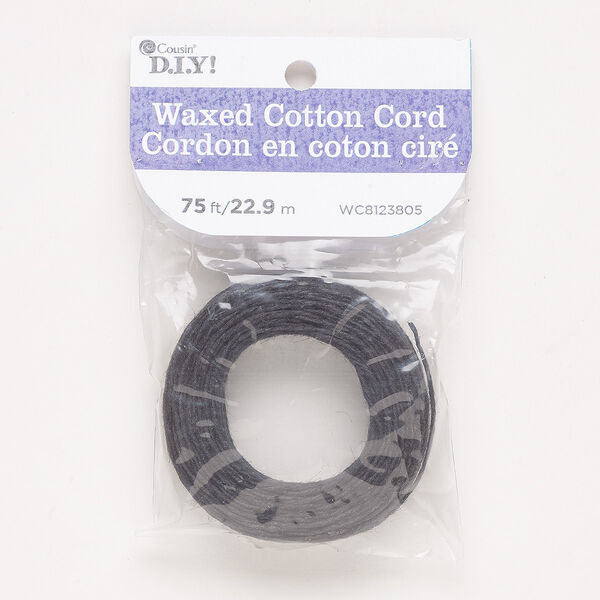 Cord, waxed cotton, black, 1mm round. Sold per 75-foot pkg. image number 0