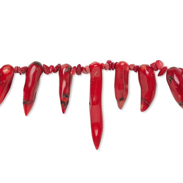 Bead, bamboo coral (dyed), red, medium chip and 16x5mm-53x12mm graduated top-drilled talon, C grade, Mohs hardness 3-1/2 to 4. Sold per 15-inch strand. image number 0