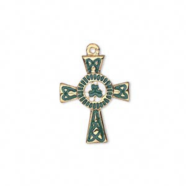 Drop, gold-finished "pewter" (zinc-based alloy) and enamel, green and white, 21x17mm single-sided Celtic cross with 3-leaf clover. Sold individually. image number 0