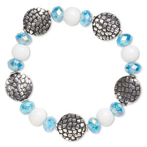 Bracelet, stretch, glass and antique silver-finished brass, aqua blue AB and white, 14mm wide, 6-1/2 inches. Sold individually.