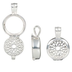 Pendant, sterling silver, 20x14mm hinged round with flower design and 12mm cabochon setting. Sold individually.