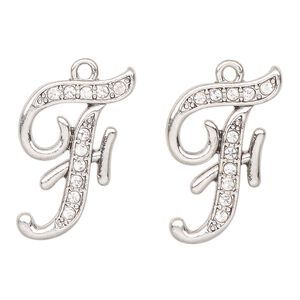 Charm, antique silver-finished "pewter" (zinc-based alloy) and glass, clear, 25x18mm letter "F". Sold per pkg of 2.