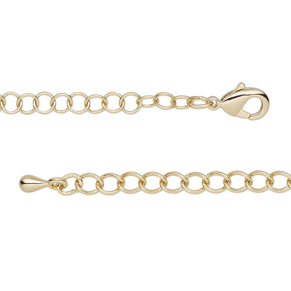 Chain, gold-finished steel and brass, 3.5mm round cable, 7-1/2 inches with 2-inch extender chain and lobster claw clasp. Sold individually. image number 0