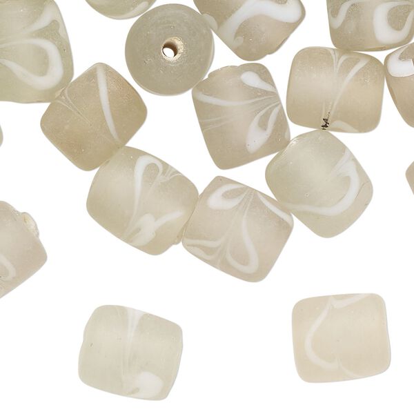 Bead, glass, translucent frosted clear and white, 10x8mm-11x9mm round tube swirl design. Sold per pkg of 40 beads. image number 0