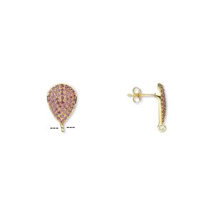 Earstud 1pkg2 sterling silver / garnet (natural), 17x12mm teardrop / open loop, gold-finished 1 pair