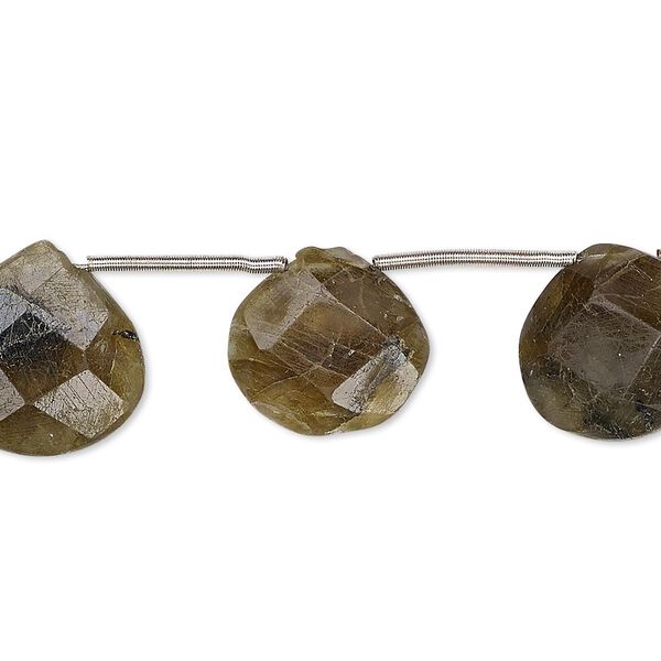 Bead, labradorite (natural), 14x13mm-15mm hand-cut top-drilled faceted puffed teardrop, D grade, Mohs hardness 6 to 6-1/2. Sold per pkg of 10 beads. image number 0