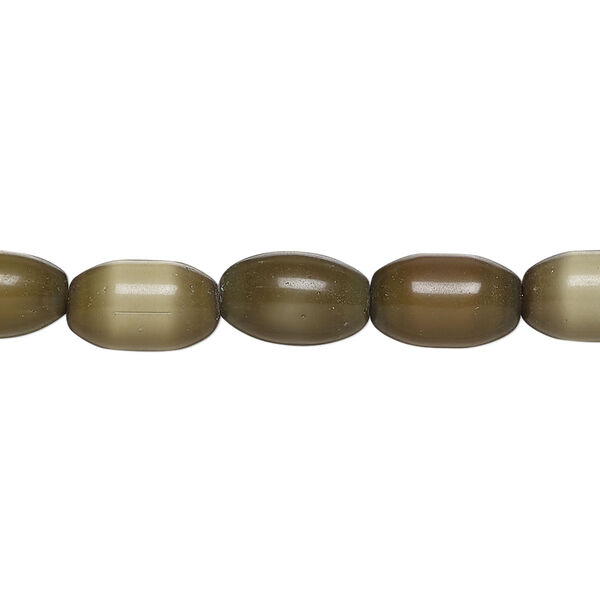 Bead, cat's eye glass (fiber optic glass), olive green, 10x6mm-11x7mm oval, economy grade. Sold per 15-inch strand. image number 0