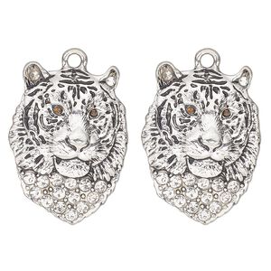 Charm, antique silver-finished "pewter" (zinc-based alloy) and glass, clear and topaz, 26x20mm single-sided tiger head. Sold per pkg of 2.