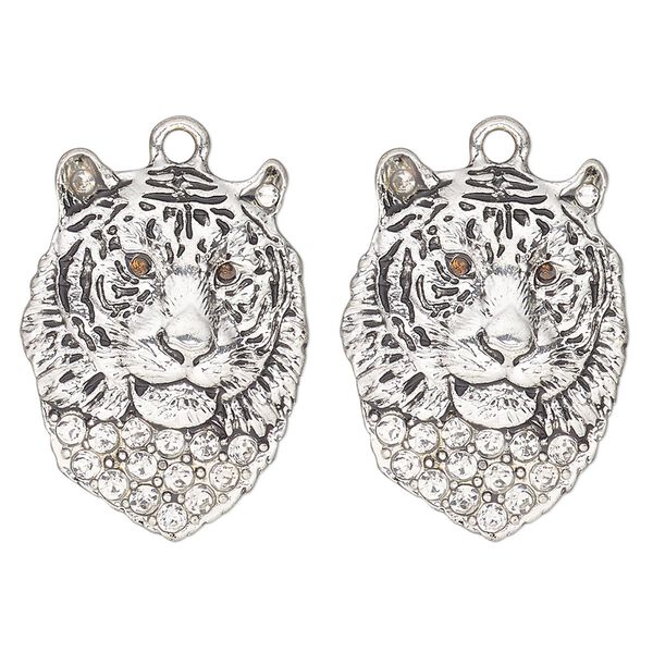Charm, antique silver-finished "pewter" (zinc-based alloy) and glass, clear and topaz, 26x20mm single-sided tiger head. Sold per pkg of 2. image number 0