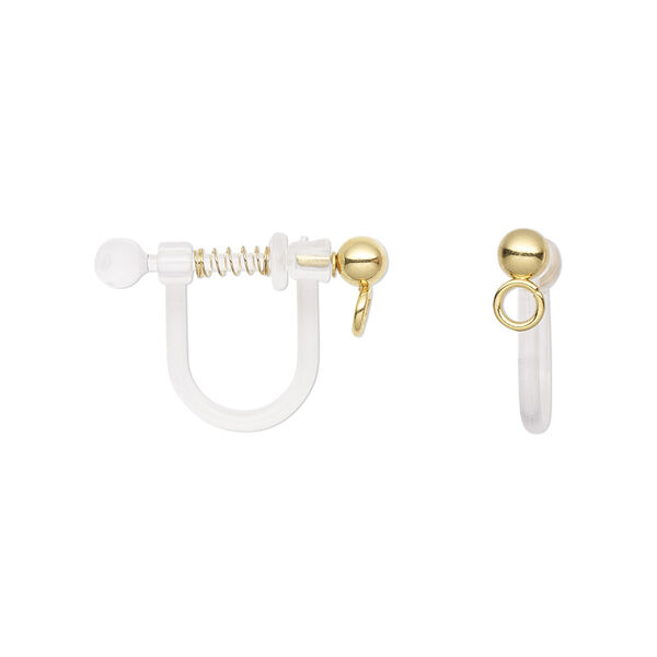 Earring, clip-on, gold-finished stainless steel and acrylic, clear, 11mm with spring closure and 3mm ball with open loop. Sold per pkg of 2 pairs. image number 0