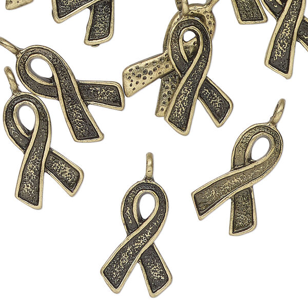 Charm, antique brass-finished "pewter" (zinc-based alloy), 17x10mm single-sided ribbon. Sold per pkg of 12. image number 0