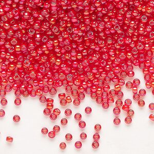 Seed bead, Miyuki, glass, pkg/25g, #11 rocaille, opaque white-lined luster flame red, (RR-3762).