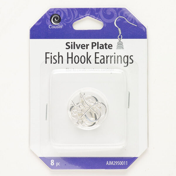 Ear wire, brass, pkg/4 pairs, silver finish, 17mm flat fishhook with open loop, 21 gauge. image number 0