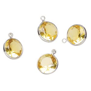Drop, silver-finished brass, translucent topaz, 10mm faceted round with open back. Sold per pkg of 4.