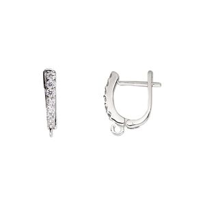 Earring 1pkg2 sterling silver / cubic zirconia, 11mm oval / latch-back / open loop, clear 1 pair