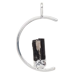Pendant, Everyday Jewelry, silver-plated brass and black tourmaline (natural), 45x23mm-47x25mm open half round. Sold individually.