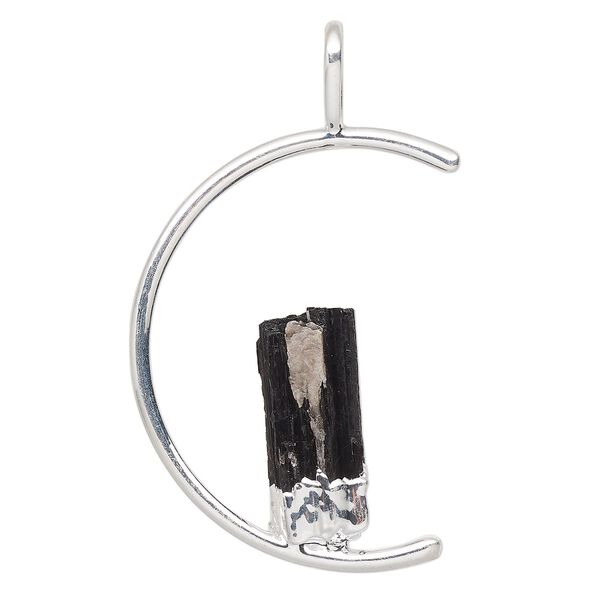 Pendant, Everyday Jewelry, silver-plated brass and black tourmaline (natural), 45x23mm-47x25mm open half round. Sold individually. image number 0