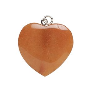 Drop, red aventurine (natural), pkg/1, silver finish translucent, 26mm puffed heart, B Grade.