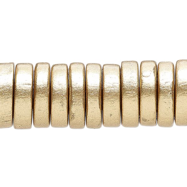 Bead, painted Taiwanese cheesewood (coated), metallic gold, 15x4mm rondelle. Sold per 8-inch strand, approximately 45 beads. image number 0