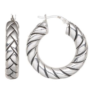 Earring, antiqued sterling silver, electroformed, 30mm braided hoop with latch-back closure. Sold per pair.