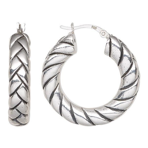 Earring, antiqued sterling silver, electroformed, 30mm braided hoop with latch-back closure. Sold per pair. image number 0
