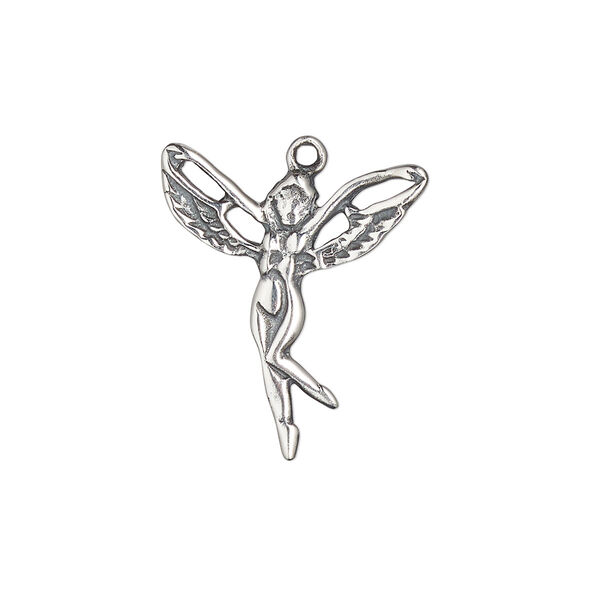 Charm, antiqued sterling silver, 22x20mm single-sided fairy. Sold individually. image number 0