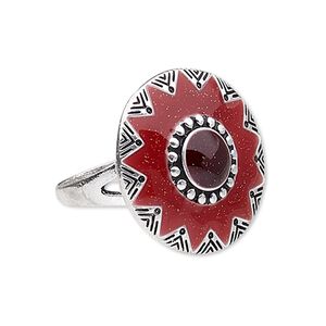 Ring, enamel and antique silver-plated "pewter" (zinc-based alloy), red and dark red, 25mm round, size 10. Sold individually.