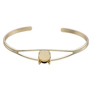 Bracelet, cuff, gold-finished brass, 11mm wide with SS47 4-prong rivoli setting, 8 inches. Sold individually.