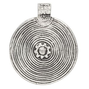 Pendant, antiqued aluminum, 50mm flat round with spiral design. Sold individually.