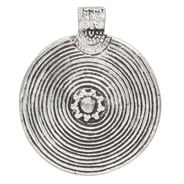 Pendant, antiqued aluminum, 50mm flat round with spiral design. Sold individually. image number 0