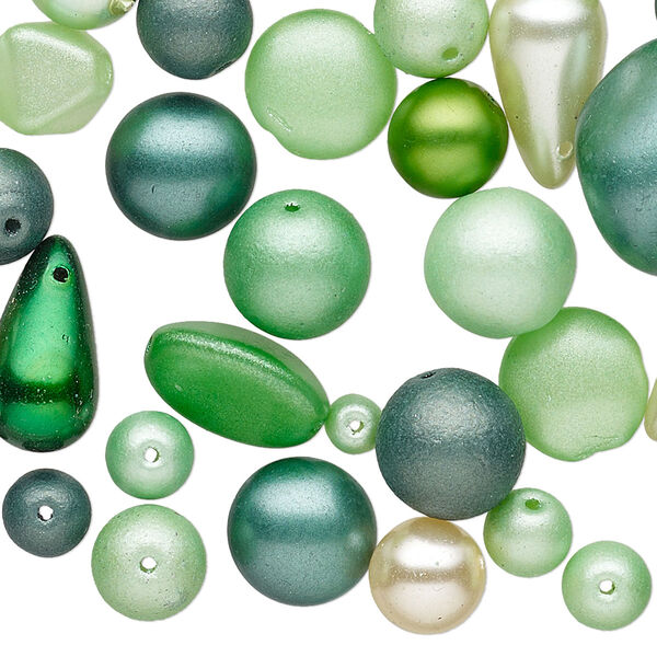 Bead mix, Preciosa, Czech glass pearl, ivory and multi-green, 3mm-16x12mm mixed shape. Sold per 1/4 pound pkg, approximately 180-290 beads. image number 0