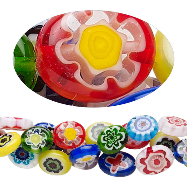 Bead mix, millefiori glass, opaque to transparent multicolored, 12x10mm flat oval with 0.6-0.8mm hole. Sold per pkg of (3)15-inch strands. image number 0