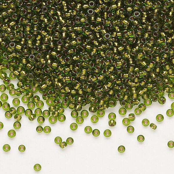 Seed bead, Preciosa Ornela Czech glass, pkg/500g, #11 rocaille, transparent copper-lined lime green, (59430). image number 0