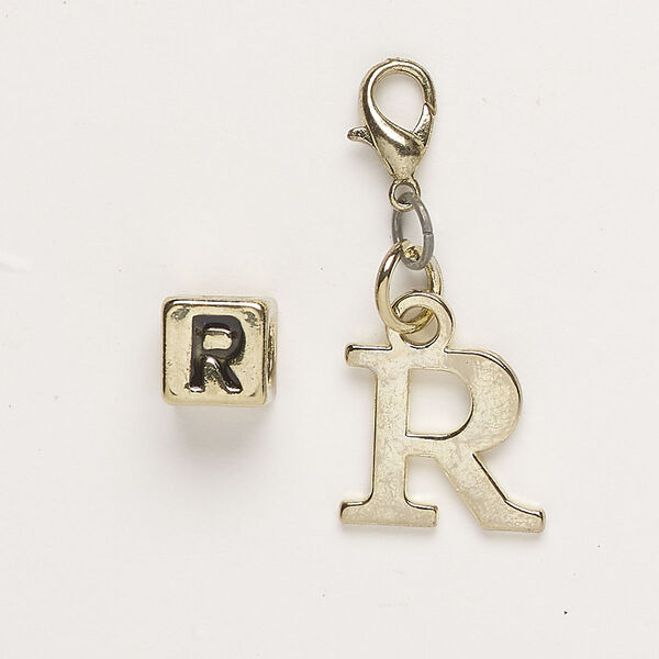 Bead and charm, brass-finished "pewter" (zinc-based alloy) / steel / enamel, black, 7mm cube with alphabet letter "R" and 14x12mm alphabet letter "R" with lobster claw clasp. Sold per pkg of 2. image number 0