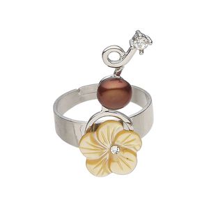 Ring 1pkg1 brass / glass pearl / mother-of-pearl shell / glass rhinestone, 33x12mm flower, dyed silver finish / clear / multicolored