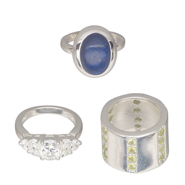 Ring mix, Create Compliments®, multi-gemstone (natural / dyed / heated / irradiated) / glass / sterling silver, multicolored, 2-16mm wide, size 6 to 6-1/2. Sold per pkg of 3. image number 0