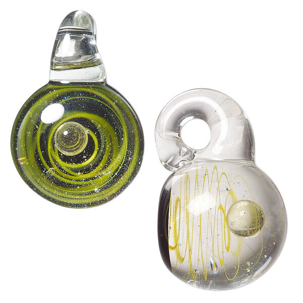Drop, lampworked glass, black / clear / yellow, 21mm round with yellow swirl / suspended sphere / glitter. Sold individually. image number 0