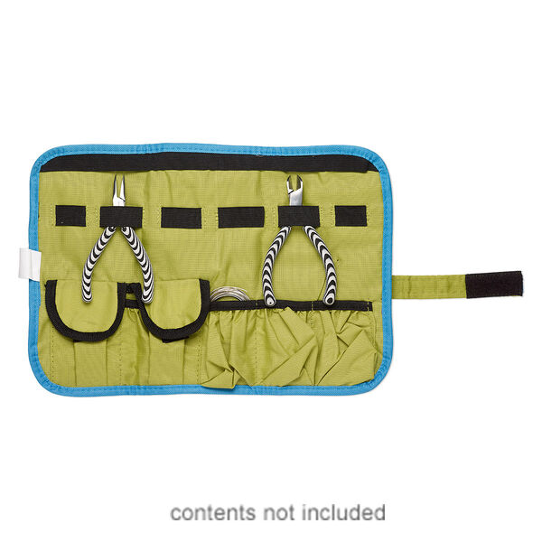 Pouch, canvas / elastic / VELCRO®, blue / green / black, 14x9-1/2 inches with hook and loop closure with wraparound strap. Sold individually. image number 0