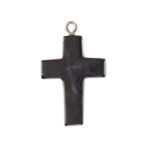 Drop, steel and blackstone (dyed), pkg/1, 24x19mm-27x20mm cross, silver finish.