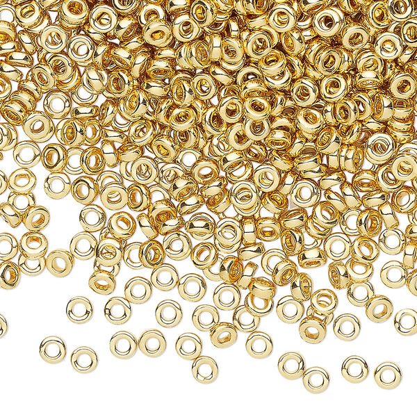 Seed bead, Miyuki, glass, pkg/4g, 3x1.3mm spacer rondelle, opaque 14Kt gold-plated, (SPR3-191). image number 0