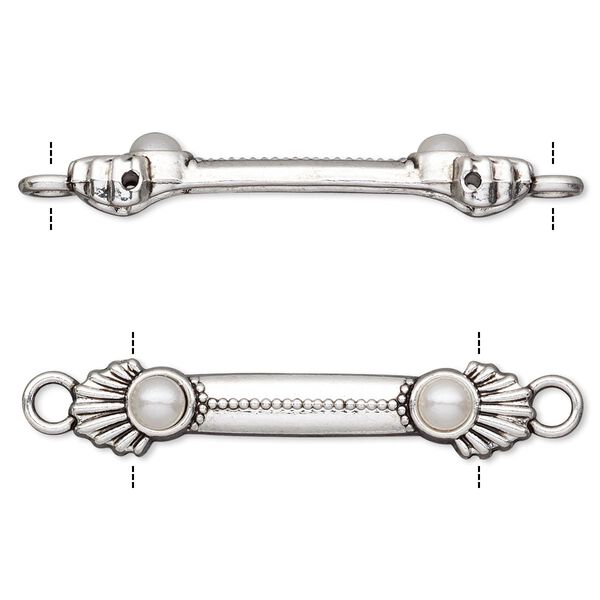 Link, acrylic pearl and antique silver-finished "pewter" (zinc-based alloy), white, 36x7mm double-drilled bar with shell design, fits up to 25.5mm bead. Sold per pkg of 10. image number 0