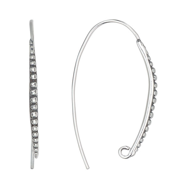 Ear wire, antiqued sterling silver, 33mm with beaded design and open loop, 20 gauge. Sold per pair. image number 0