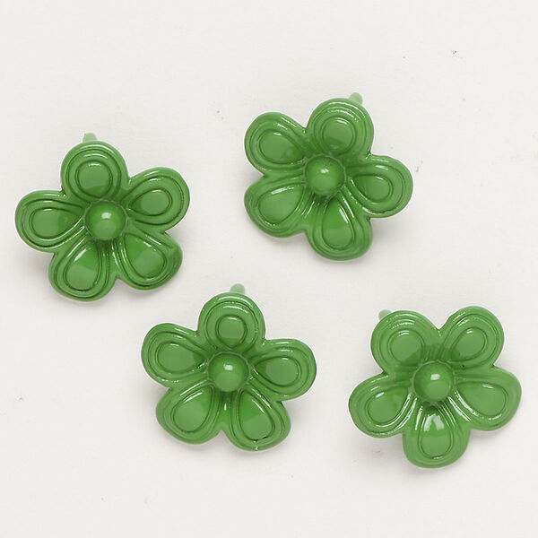 Charm, "pewter" (zinc-based alloy) and enamel, green, 14-15mm flower with hidden loop. Sold per pkg of 4. image number 0