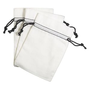 Pouch, cotton, black and white, 6x4-inch rectangle with drawstring. Sold per pkg of 3.