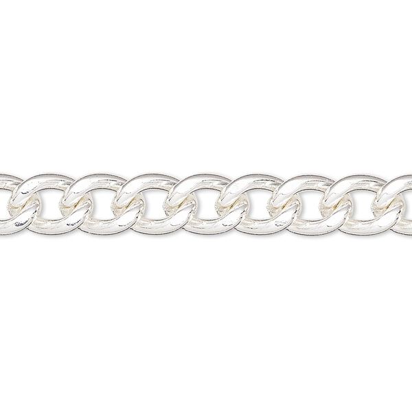 Chain, silver-plated steel, 7mm flat curb. Sold per 50-foot spool. image number 0