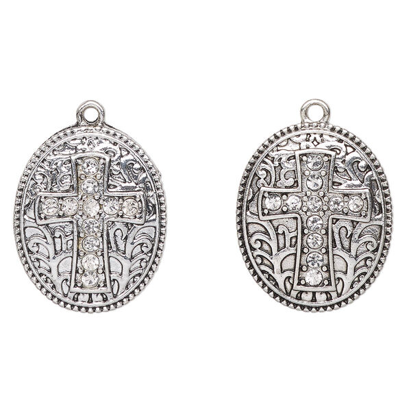 Drop, antique silver-finished "pewter" (zinc-based alloy) and glass, clear, 26x20mm oval with cross and beaded edge. Sold per pkg of 2. image number 0