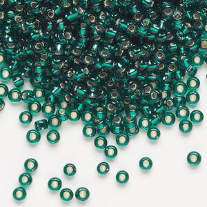 Seed bead, Miyuki, glass, pkg/250g, #8 rocaille, transparent silver-lined emerald green (RR-17).