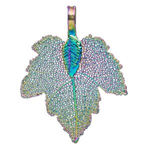 Pendant, copper-plated brass and Indian rubber plant, rainbow, 32x28mm-36x28mm double-sided maple leaf. Sold individually.