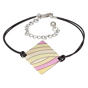 Bracelet, mylar / waxed cotton cord / imitation rhodium-plated steel / "pewter" (zinc-based alloy), black and multicolored, 25mm diamond with line design, 8 inches with 2-3/4 inch extender chain and lobster claw clasp. Sold individually.