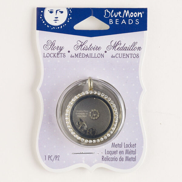Pendant, gold-finished brass and glass, clear, 30mm round locket with magnetic closure. Sold individually. image number 0